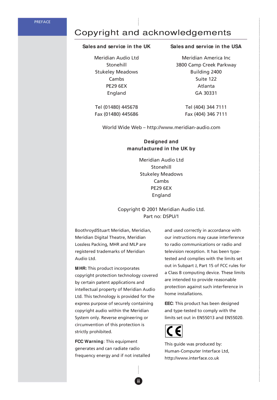 Meridian America DSP Loudspeaker Copyright and acknowledgements, Sales and service in the UK Sales and service in the USA 