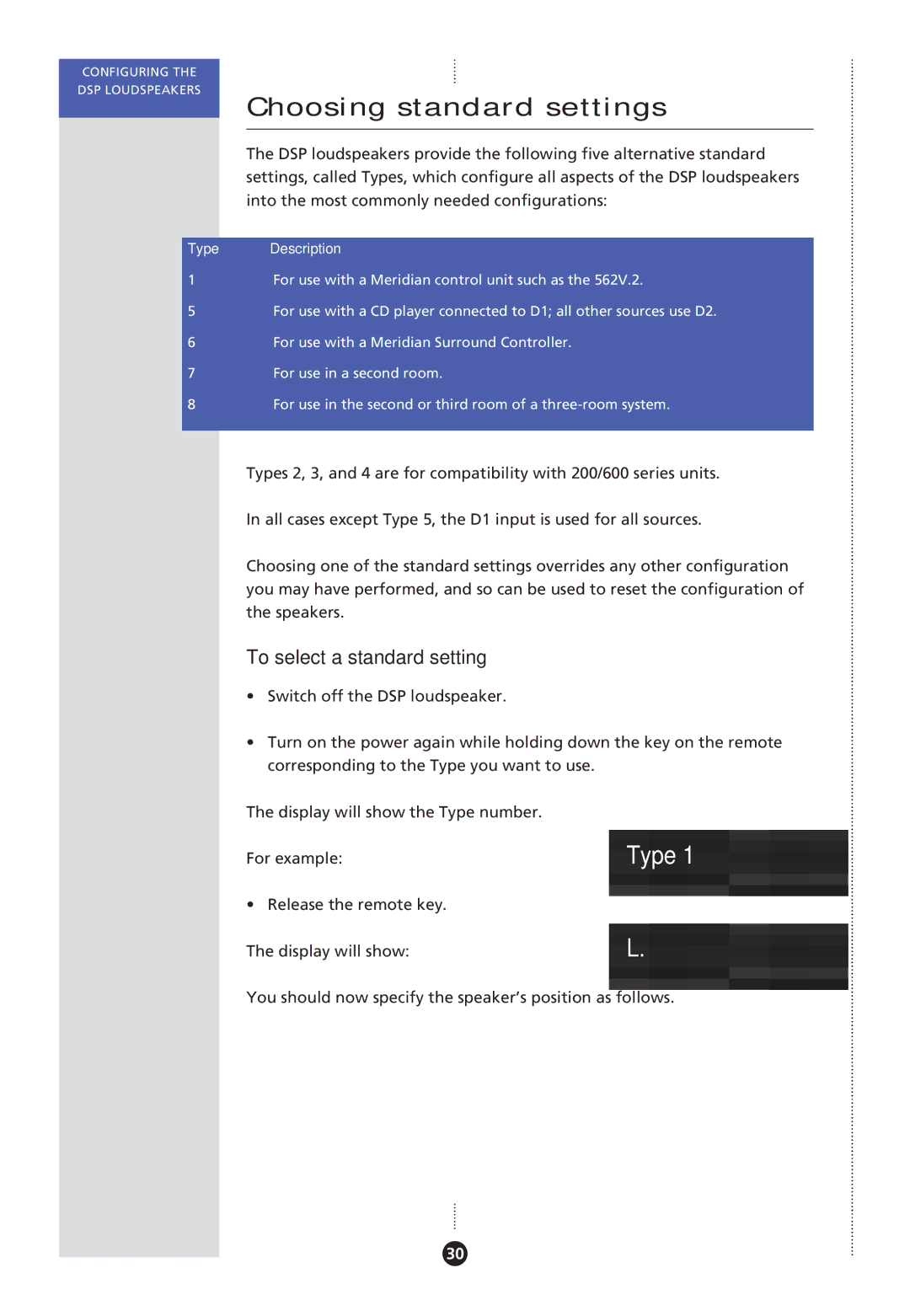 Meridian America DSP Loudspeaker, Meridian DSP manual Choosing standard settings, Type 