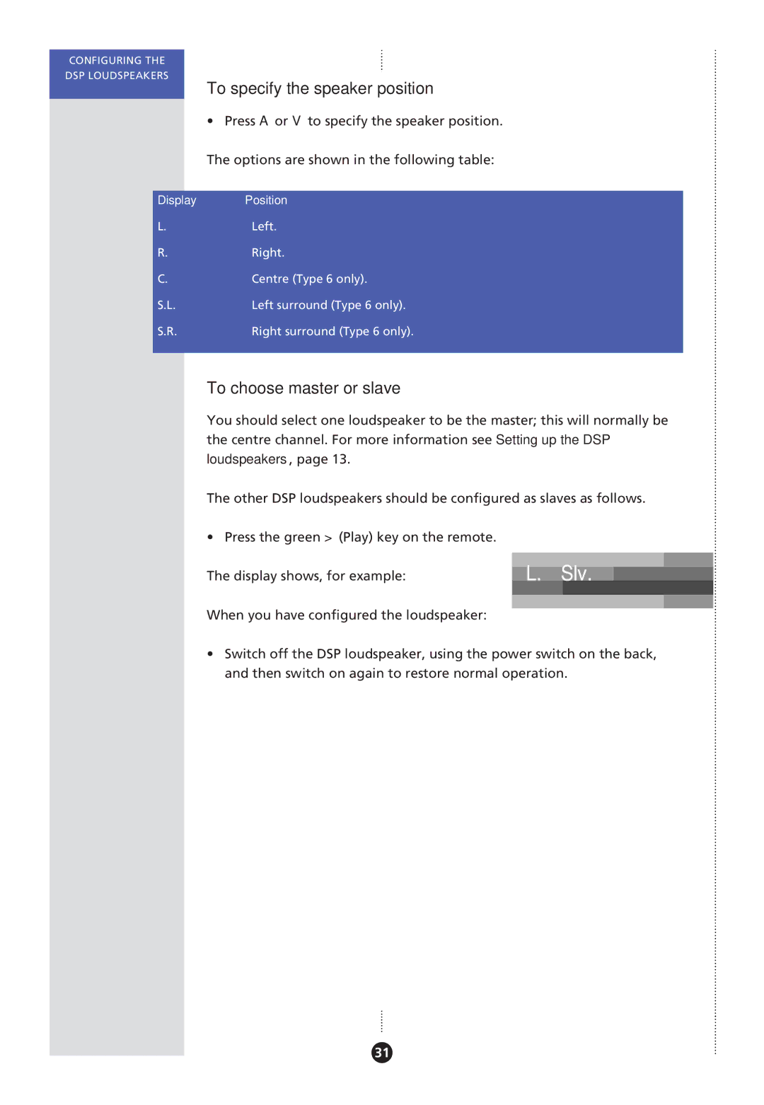 Meridian America Meridian DSP, DSP Loudspeaker manual Slv, To specify the speaker position, To choose master or slave 