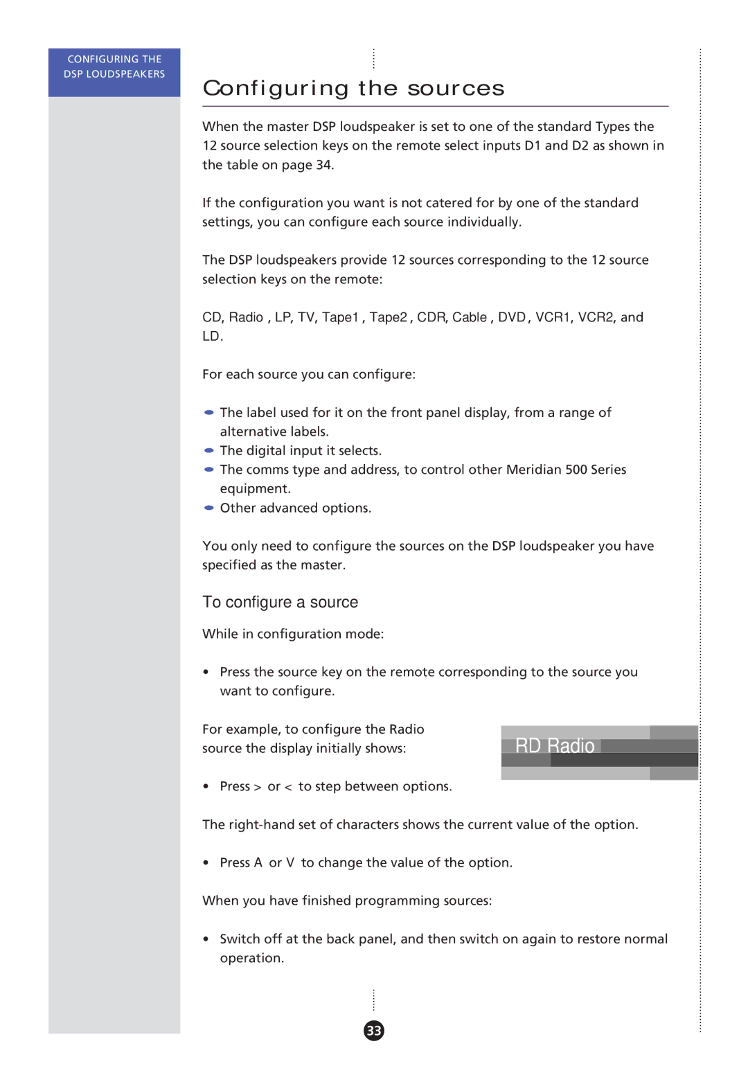 Meridian America Meridian DSP, DSP Loudspeaker manual Configuring the sources, RD Radio, To configure a source 