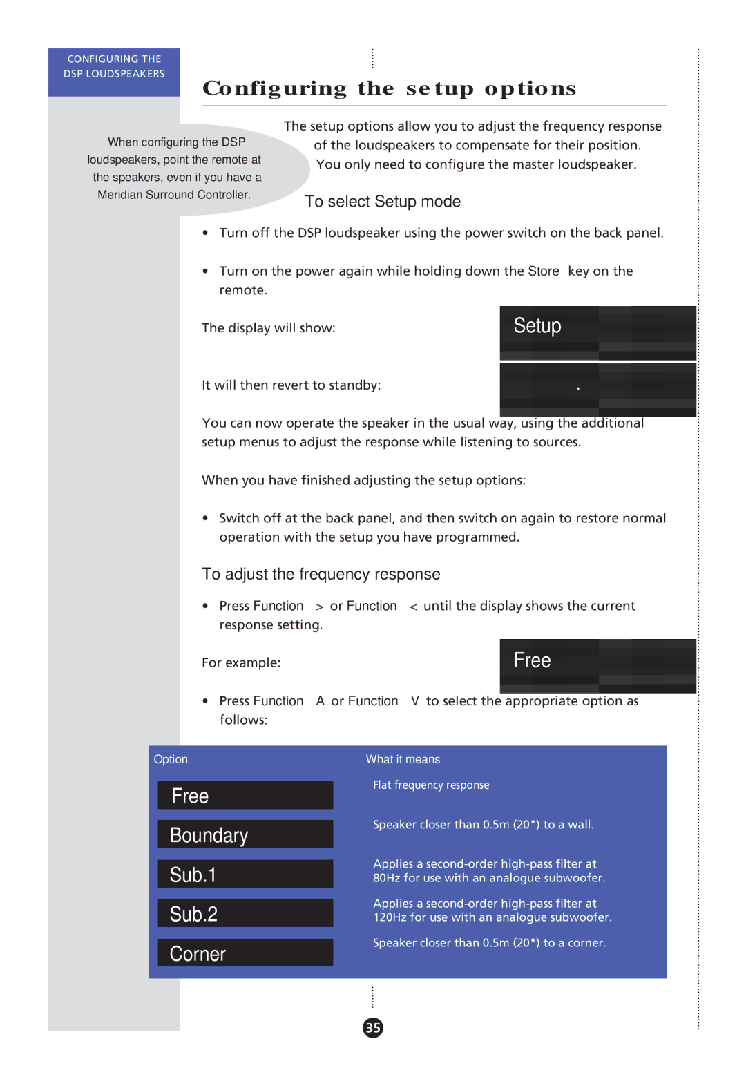Meridian America Meridian DSP, DSP Loudspeaker Configuring the setup options, Setup, Free Boundary Sub.1 Sub.2 Corner 