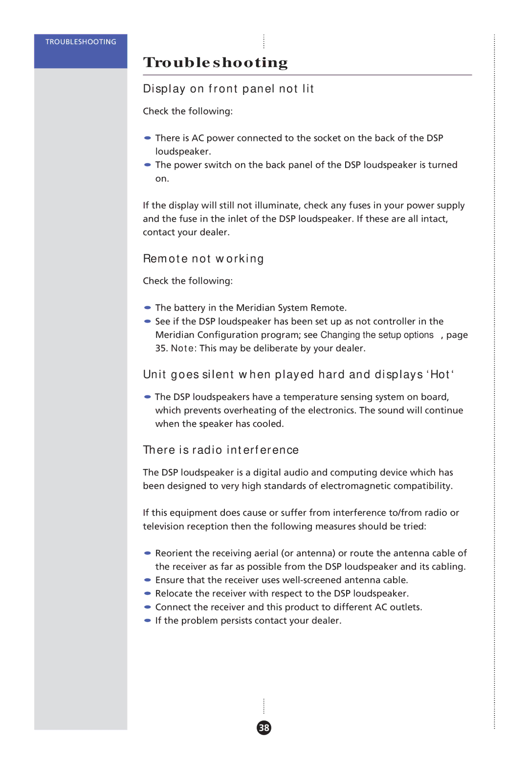 Meridian America DSP Loudspeaker manual Display on front panel not lit, Remote not working, There is radio interference 