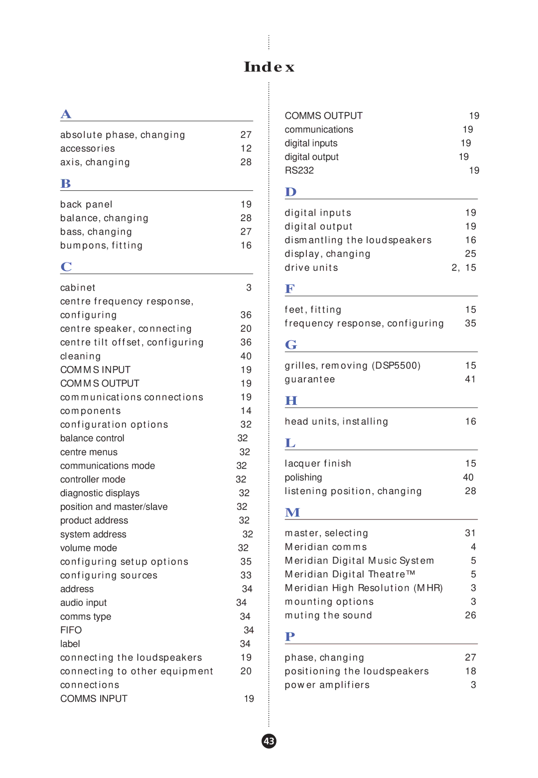 Meridian America Meridian DSP, DSP Loudspeaker manual Index, Comms Input 