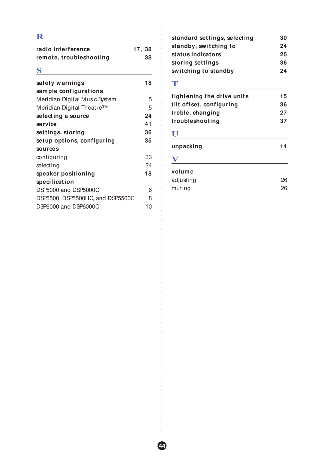 Meridian America DSP Loudspeaker, Meridian DSP manual Volume Speaker positioning 