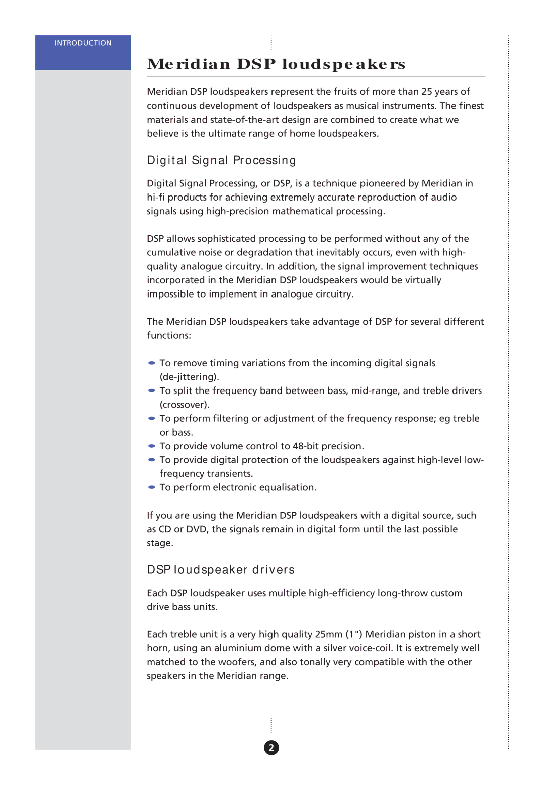 Meridian America DSP Loudspeaker manual Meridian DSP loudspeakers, Digital Signal Processing, DSP loudspeaker drivers 