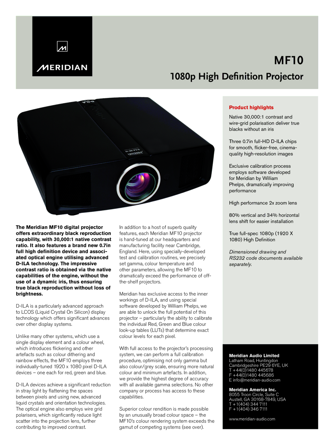 Meridian America MF10 manual 1080p High Definition Projector, Product highlights 