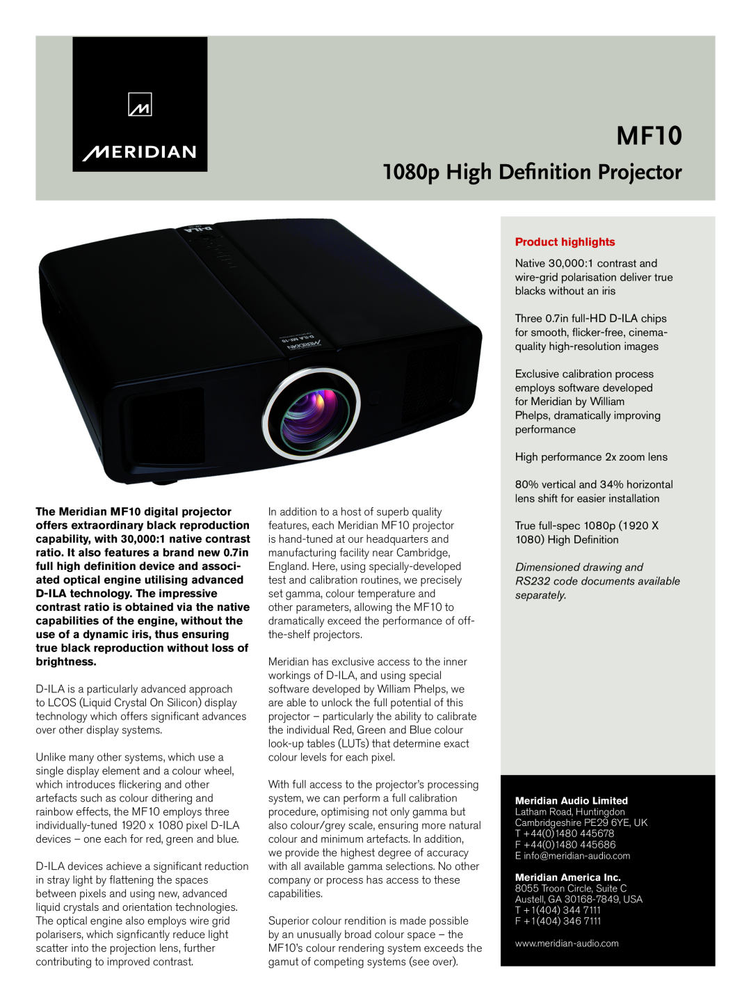 Meridian America MF10 manual 1080p High Definition Projector, Product highlights, High performance 2x zoom lens 
