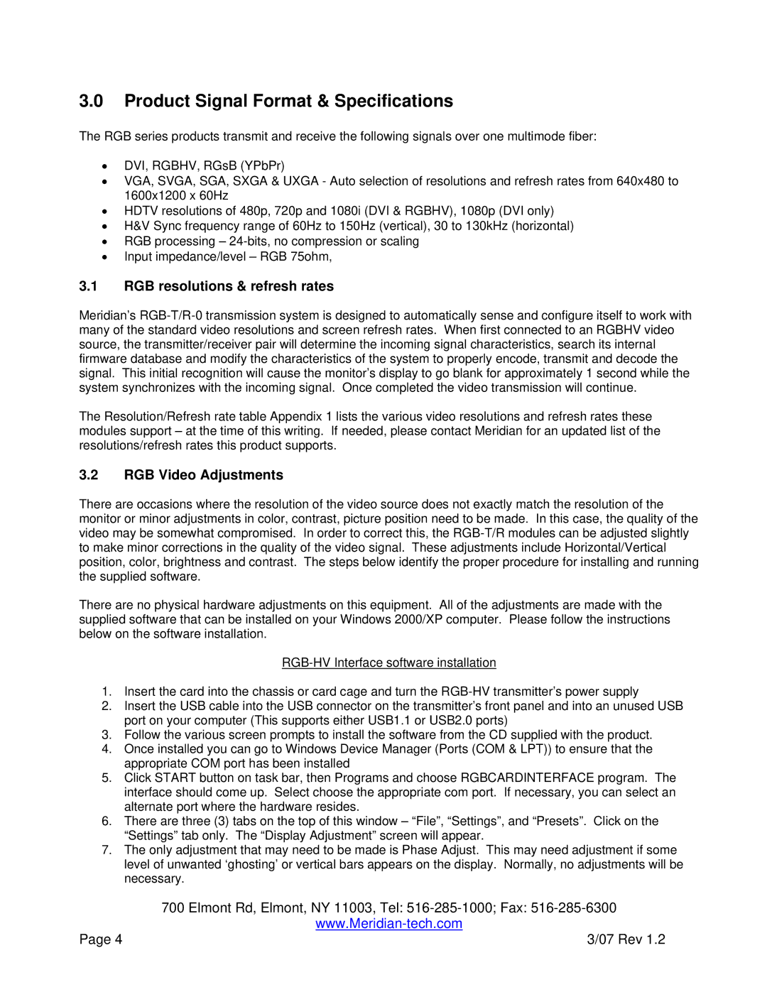 Meridian America RGB-R-0 Product Signal Format & Specifications, RGB resolutions & refresh rates, RGB Video Adjustments 