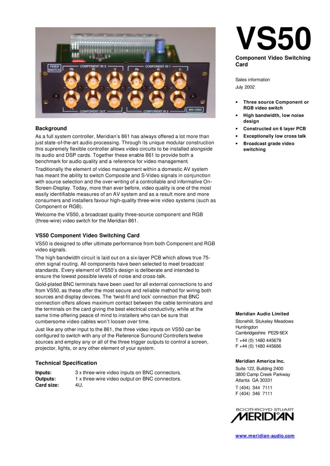 Meridian America manual Background, VS50 Component Video Switching Card, Technical Specification 