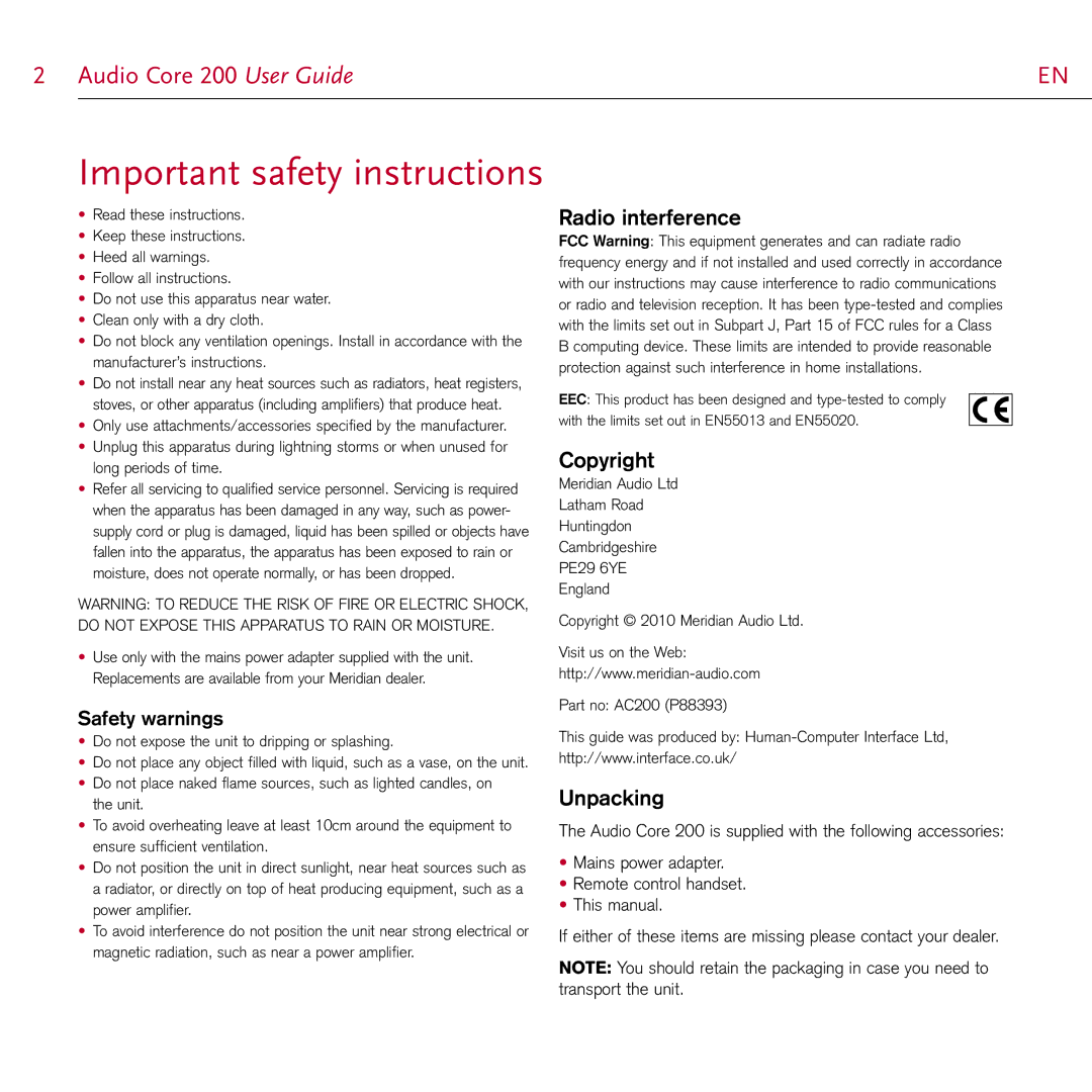 Meridian Audio 200 manual Radio interference, Copyright, Unpacking 