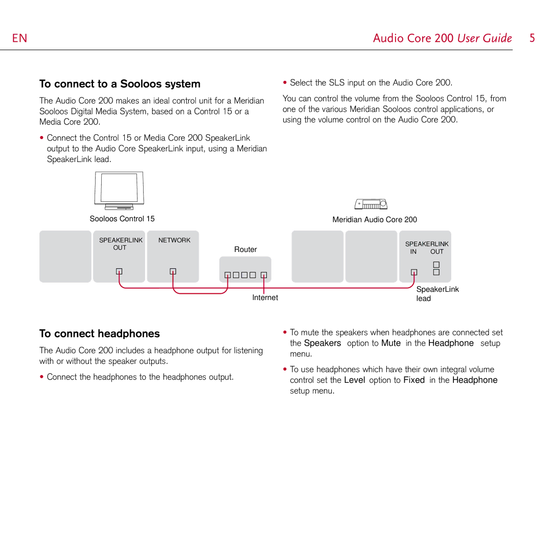 Meridian Audio 200 manual To connect to a Sooloos system, To connect headphones 