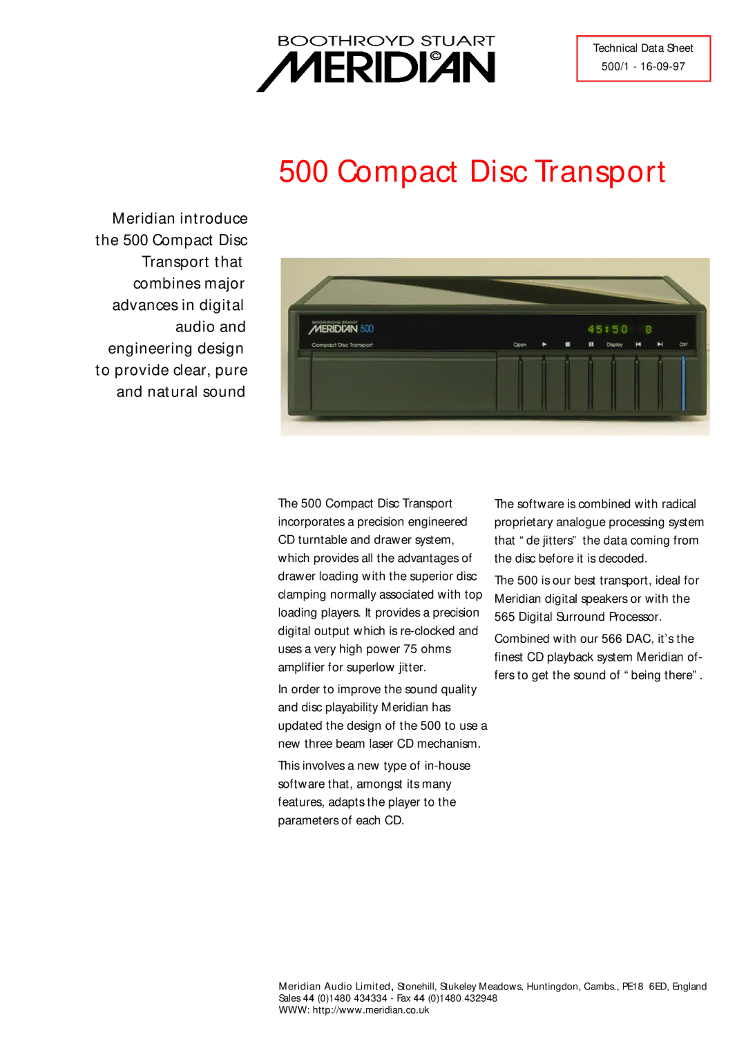 Meridian Audio 500 manual Compact Disc Transport 