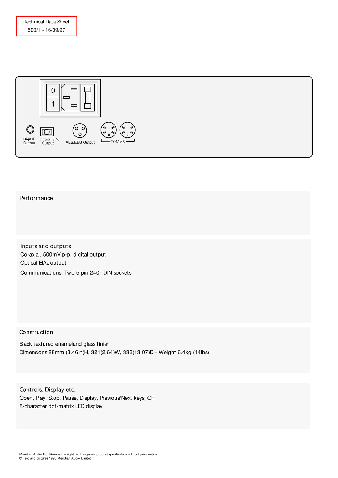 Meridian Audio 500 manual Performance Inputs and outputs, Construction, Controls, Display etc 