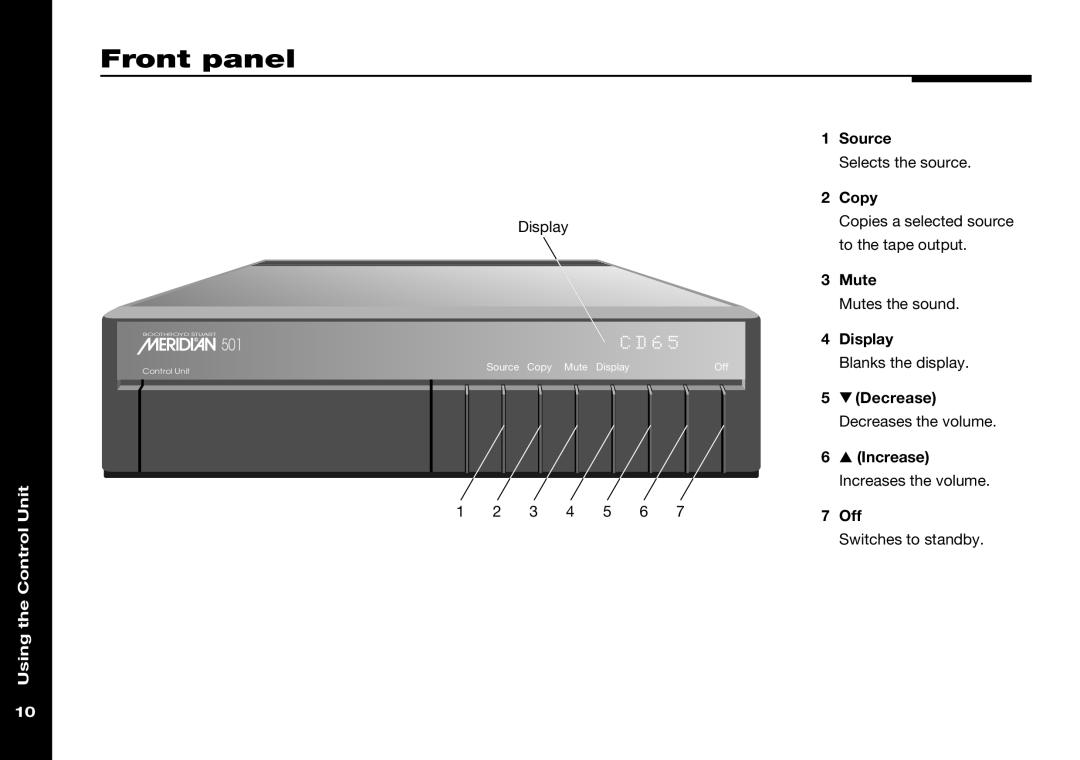 Meridian Audio 501V manual Front panel, Using the Control Unit 