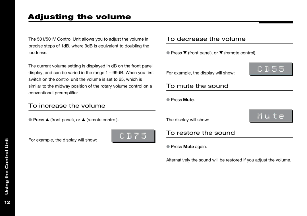 Meridian Audio 501V manual Adjusting the volume, CD55, Mute, CD75 