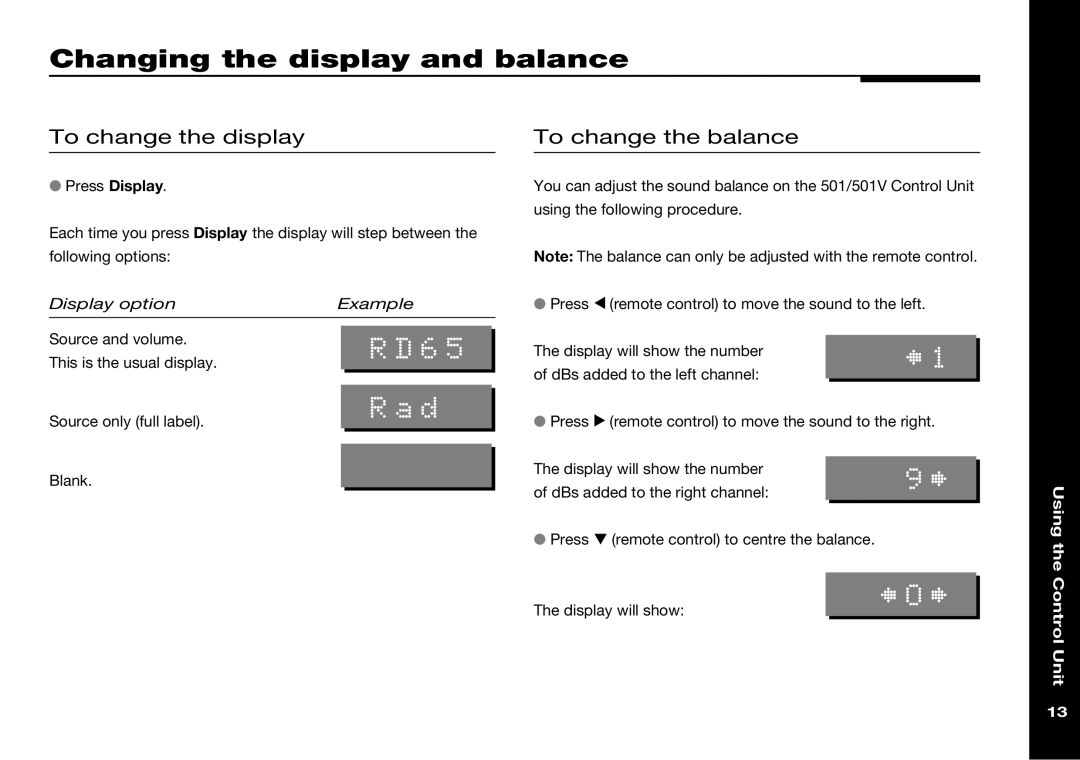 Meridian Audio 501V Changing the display and balance, ²O³, To change the display, To change the balance, Control Unit 