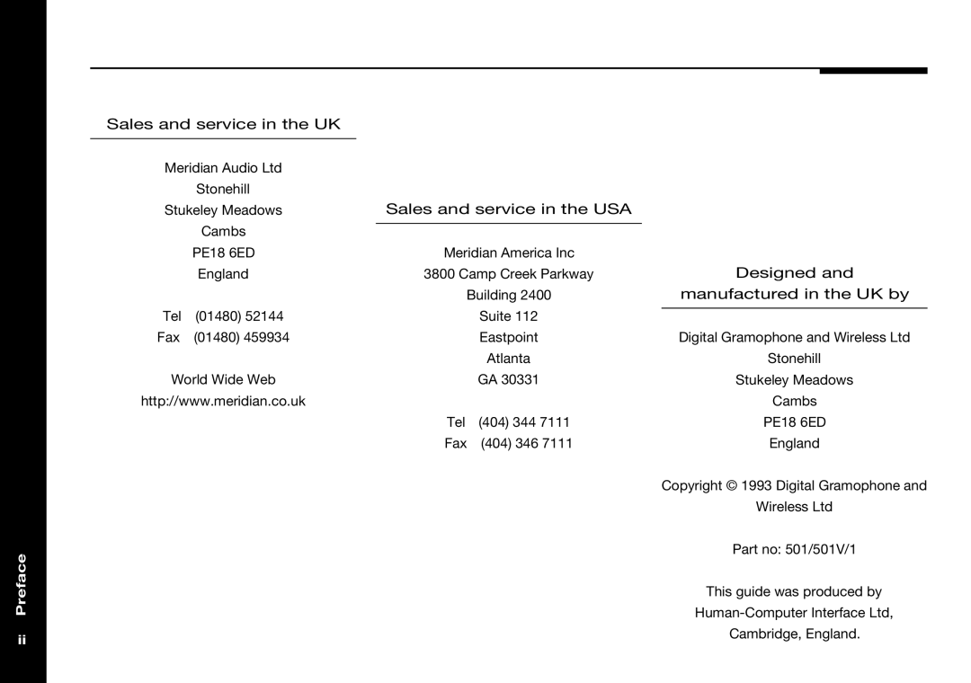 Meridian Audio 501V manual Preface, Manufactured in the UK by 