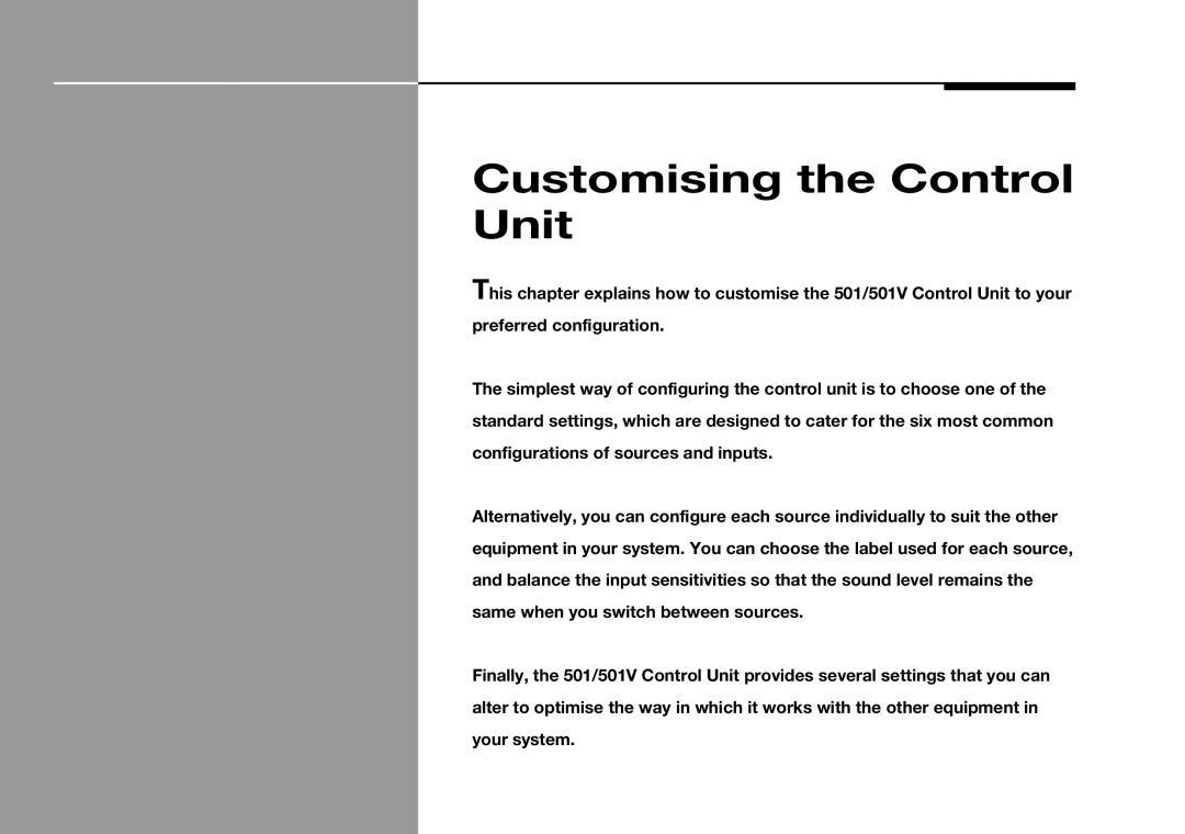 Meridian Audio 501V manual Customising the Control Unit 