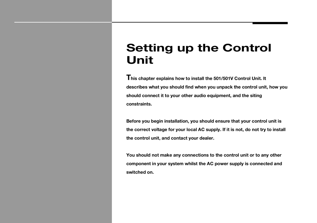 Meridian Audio 501V manual Setting up the Control Unit 