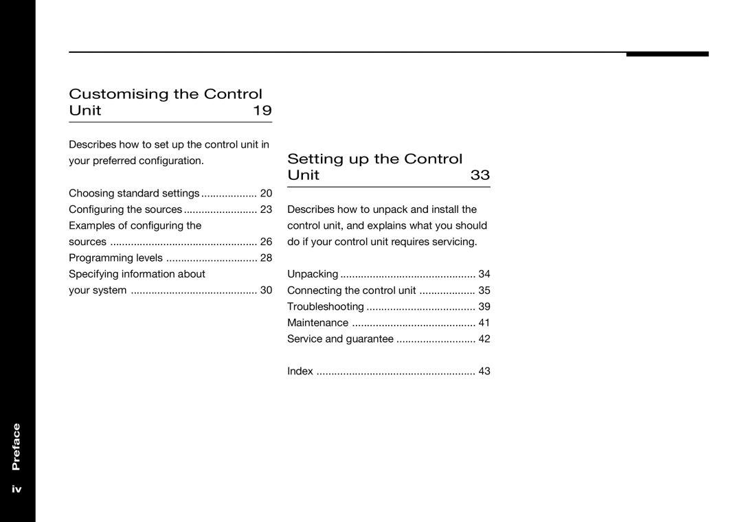 Meridian Audio 501V manual Customising the Control Unit19, Setting up the Control Unit33 