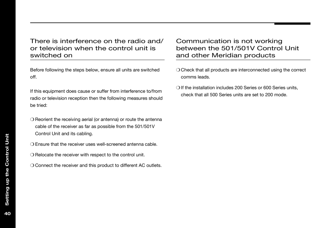 Meridian Audio 501V manual Setting up the Control Unit 