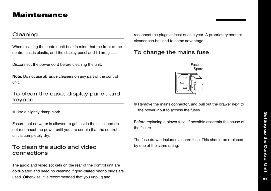 Meridian Audio 501V manual Maintenance, Cleaning, To clean the case, display panel, and keypad, To change the mains fuse 