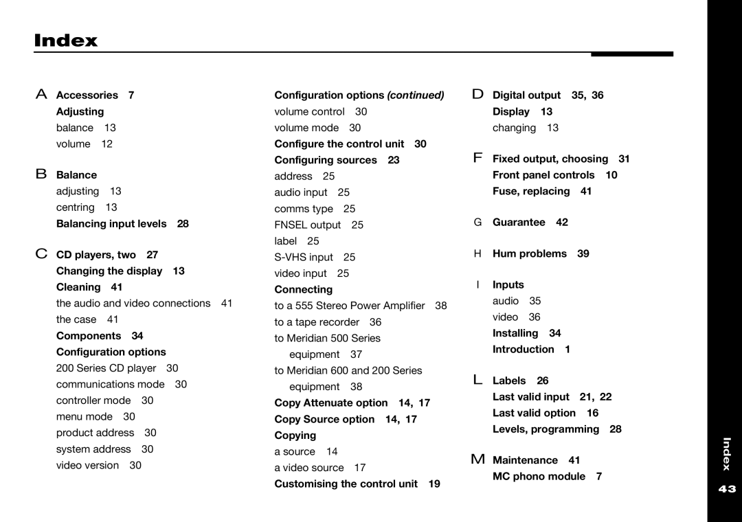 Meridian Audio 501V manual Index 