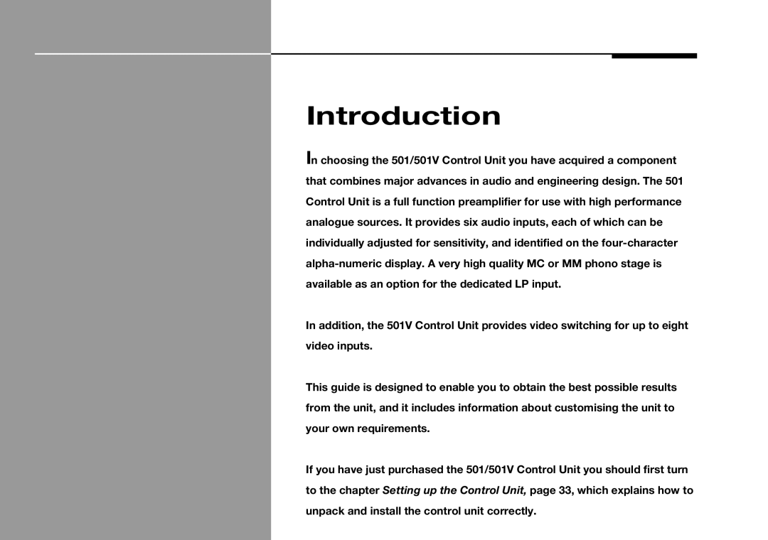 Meridian Audio 501V manual Introduction 