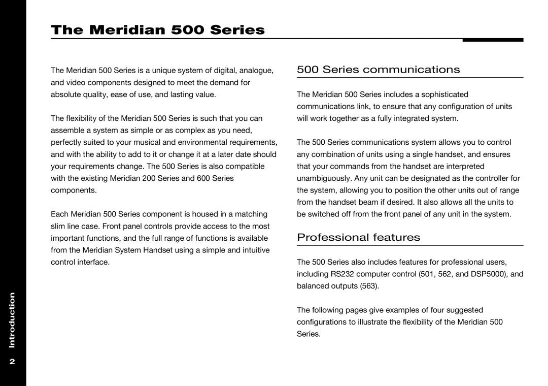 Meridian Audio 501V manual Meridian 500 Series, Series communications, Professional features, Introduction 