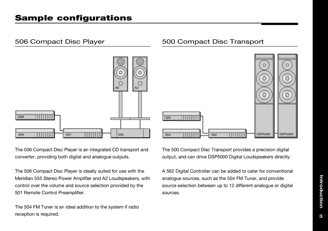 Meridian Audio 501V manual Sample configurations, Compact Disc Player Compact Disc Transport 