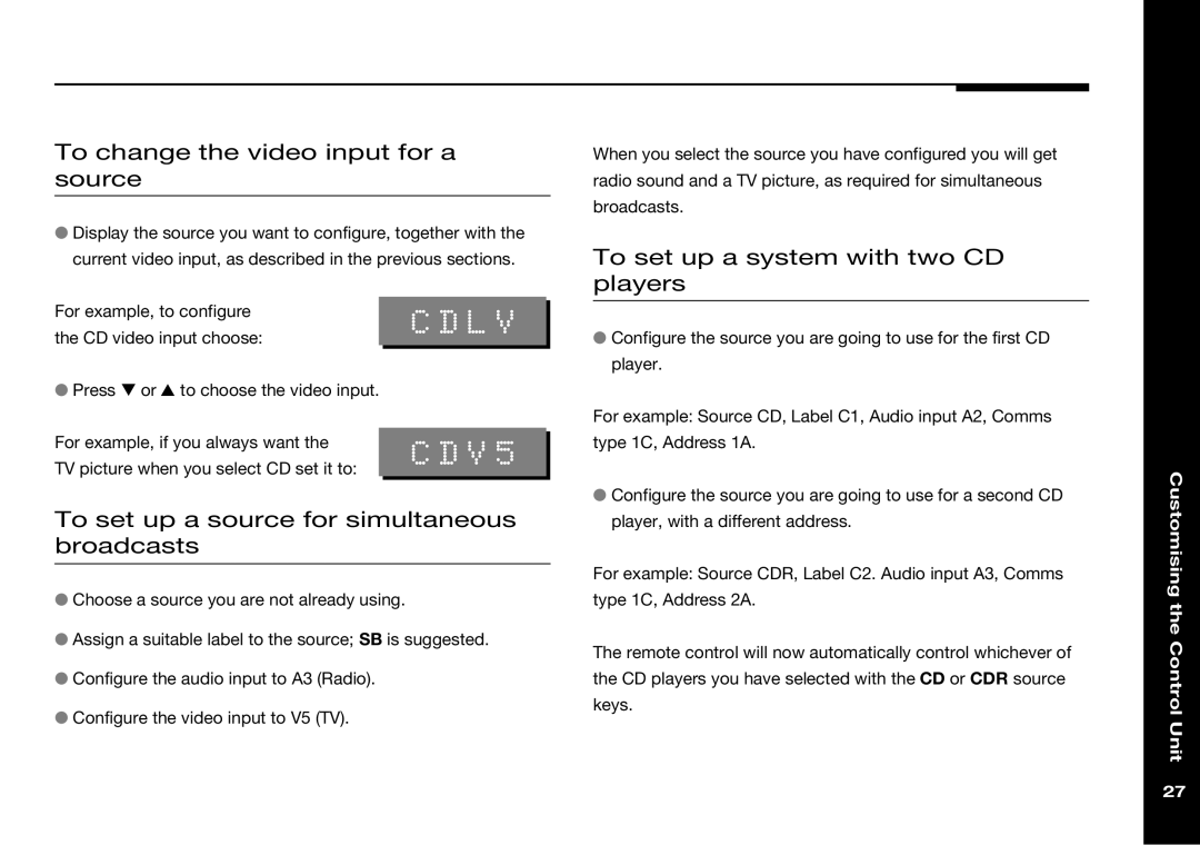 Meridian Audio 501 Cdlv, CDV5, To change the video input for a source, To set up a source for simultaneous broadcasts 