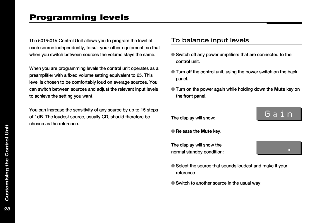 Meridian Audio 501V manual Programming levels, Gain, To balance input levels, Customising the Control Unit 