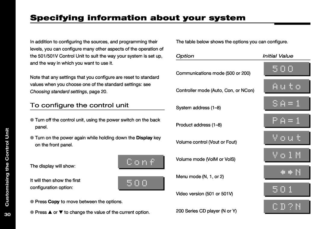Meridian Audio 501V Specifying information about your system, Auto, SA=1, PA=1, Vout, VolM ²³N 5O1 CD?N, Customising the 