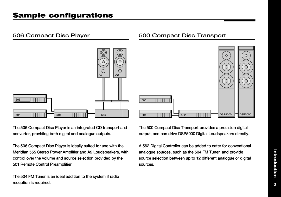 Meridian Audio 501V manual Sample configurations, Compact Disc Player, Compact Disc Transport, Introduction 