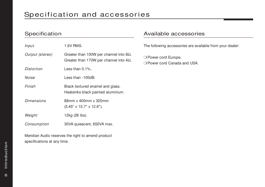 Meridian Audio 556 manual Specification and accessories, Available accessories 