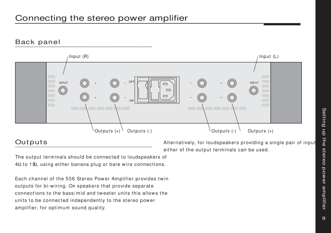 Meridian Audio 556 manual Connecting the stereo power amplifier, Back panel, Outputs 