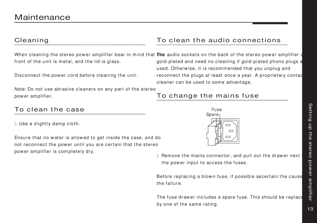 Meridian Audio 556 Maintenance, Cleaning, To clean the case, To clean the audio connections, To change the mains fuse 