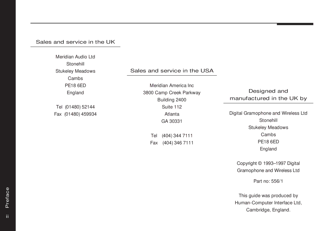 Meridian Audio 556 manual Preface 
