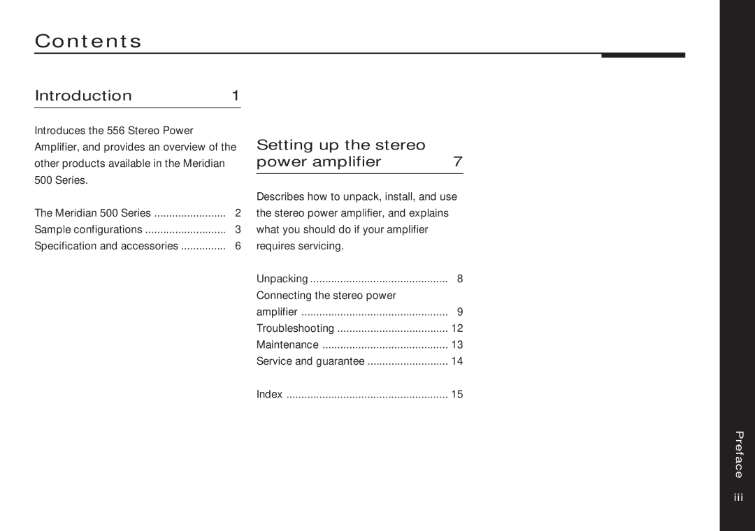 Meridian Audio 556 manual Contents 