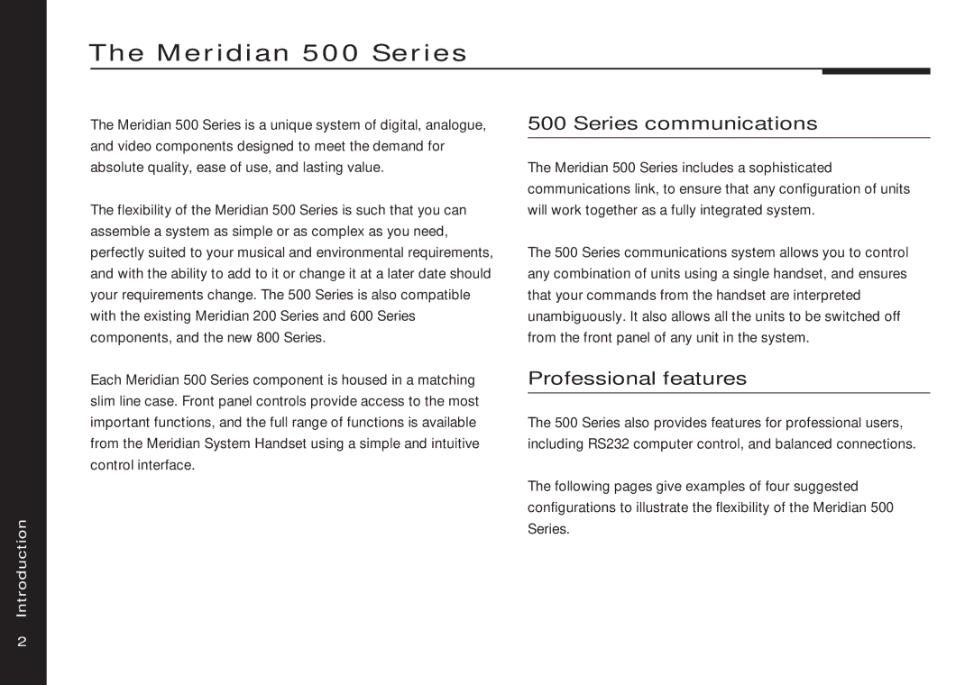 Meridian Audio 556 manual Meridian 500 Series, Series communications, Professional features 