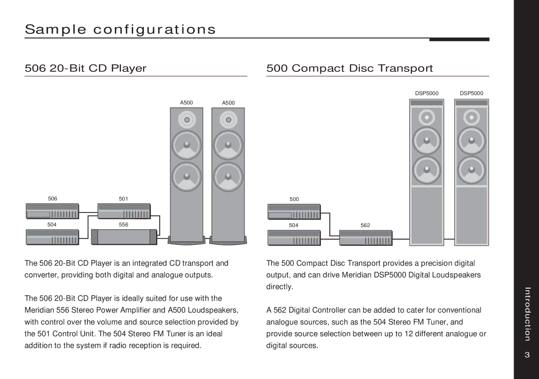 Meridian Audio 556 manual Sample configurations, 506 20-Bit CD Player Compact Disc Transport 