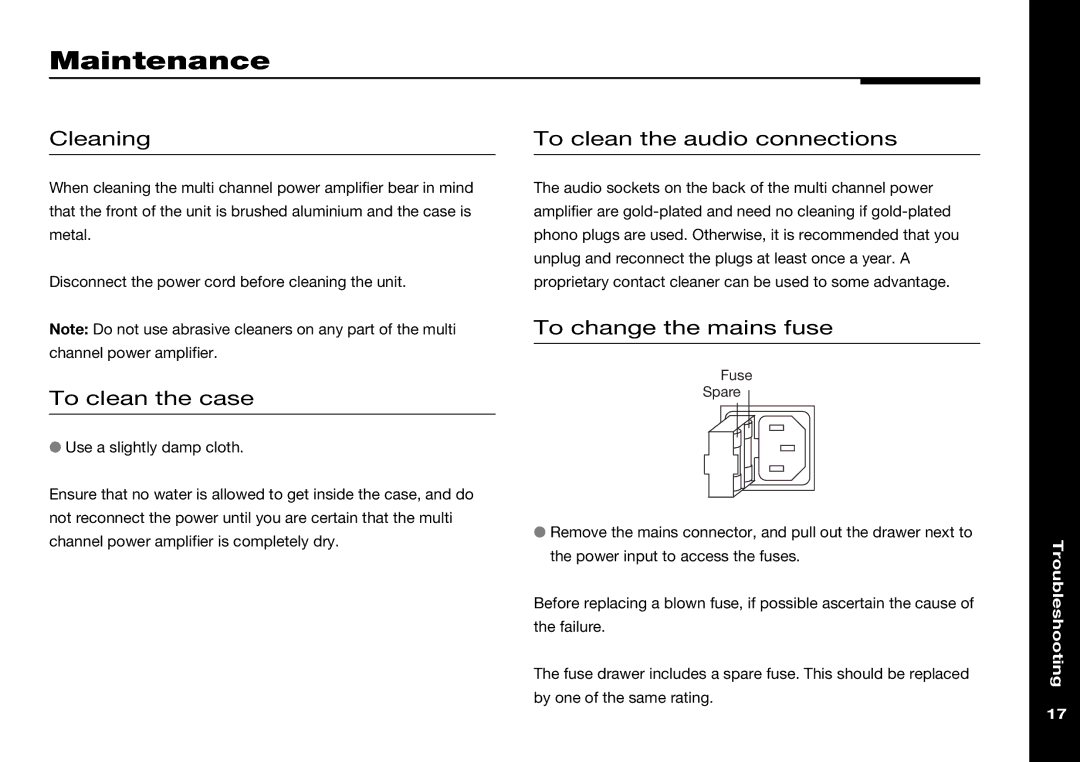 Meridian Audio 558 Maintenance, Cleaning, To clean the case, To clean the audio connections, To change the mains fuse 