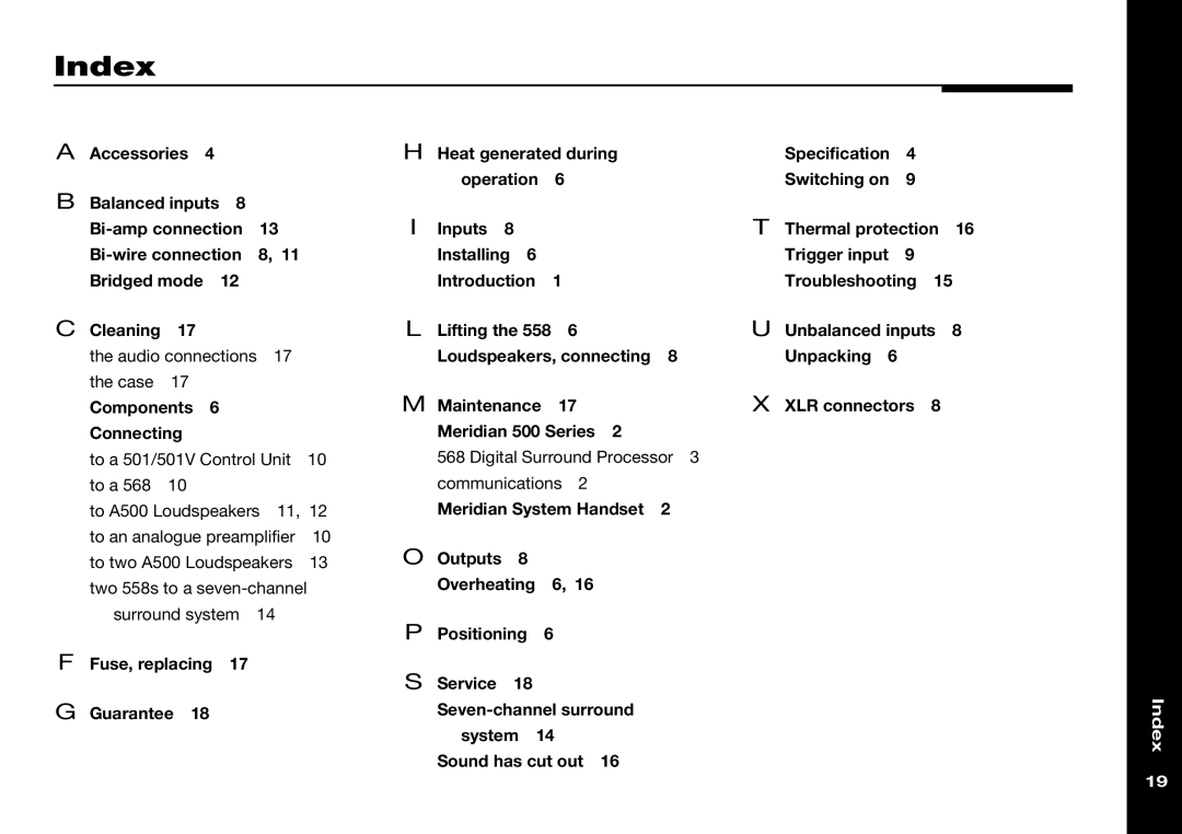 Meridian Audio 558 manual Index, Components Connecting 