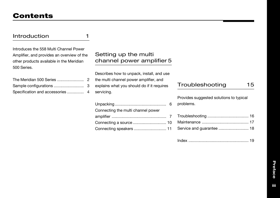 Meridian Audio 558 manual Contents 