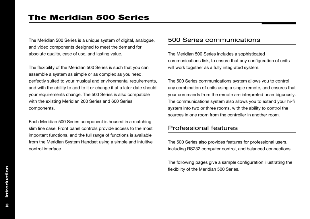 Meridian Audio 558 manual Meridian 500 Series, Series communications, Professional features 