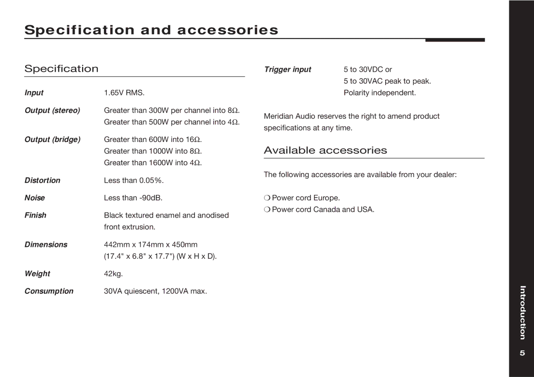 Meridian Audio 559 manual Specification and accessories, Available accessories 