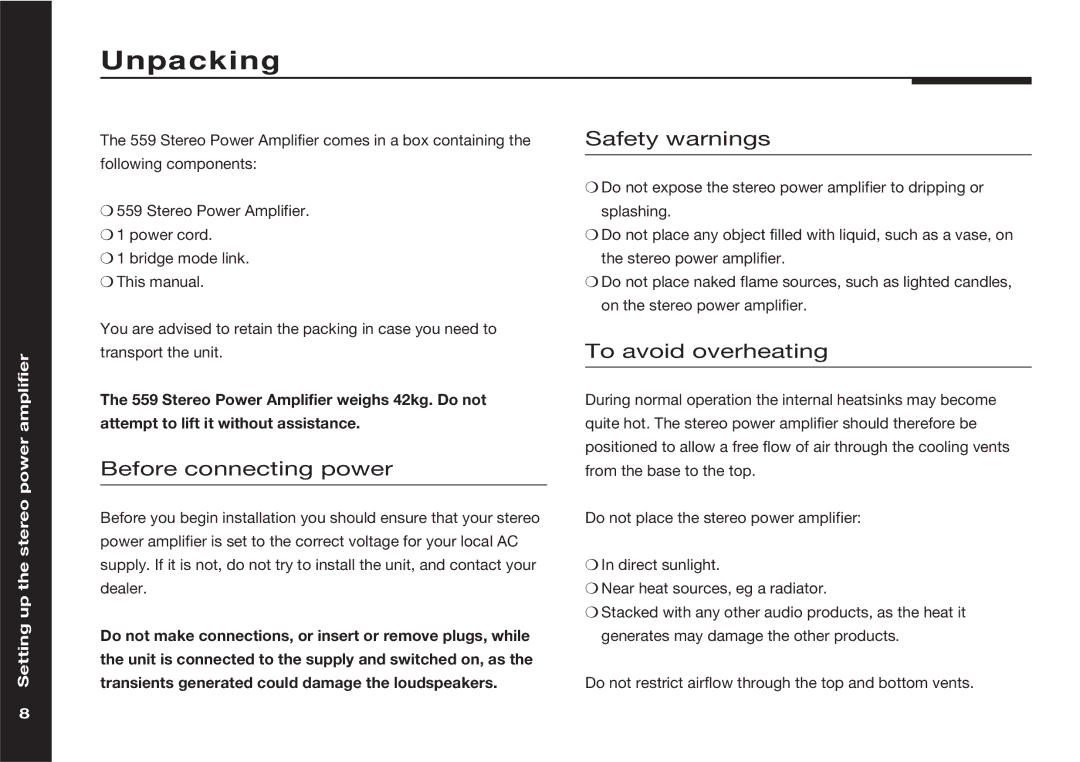 Meridian Audio 559 manual Unpacking, Before connecting power, Safety warnings, To avoid overheating 