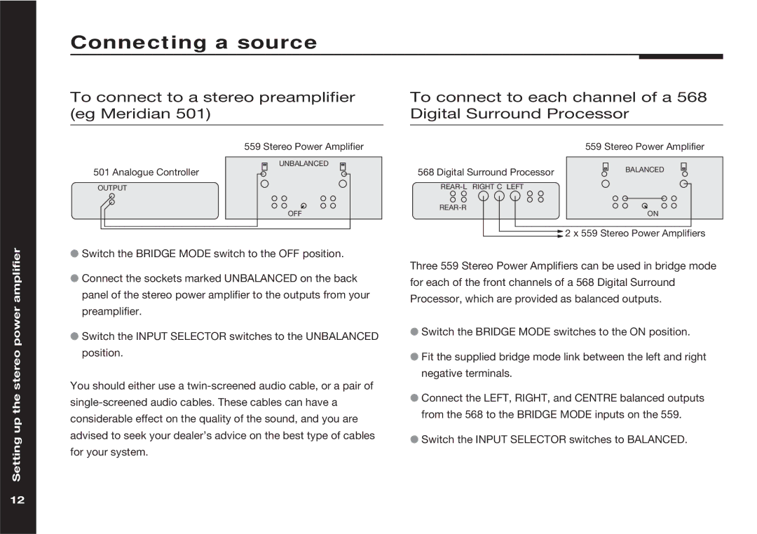 Meridian Audio 559 manual Connecting a source 