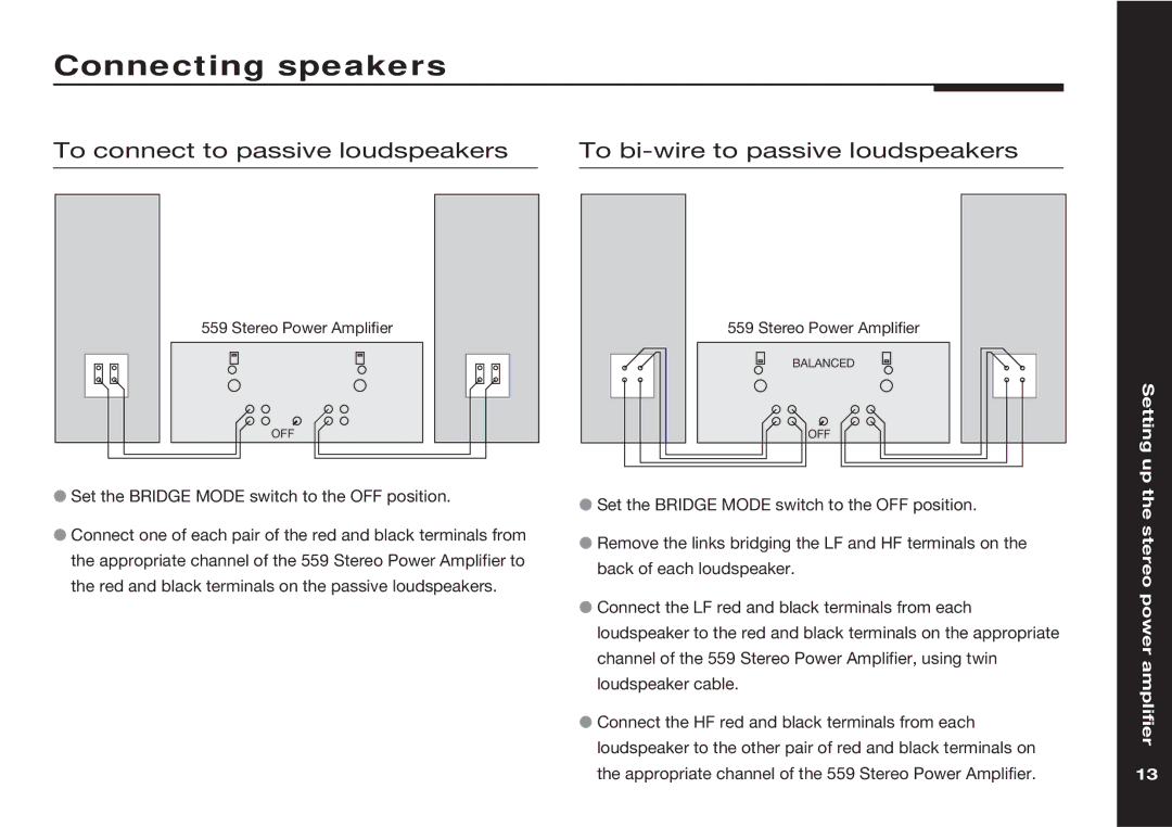 Meridian Audio 559 manual Connecting speakers 