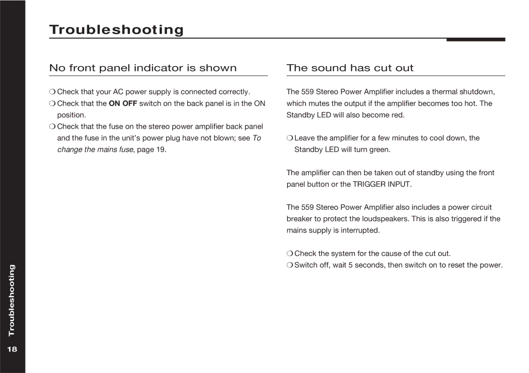Meridian Audio 559 manual Troubleshooting, No front panel indicator is shown, Sound has cut out 